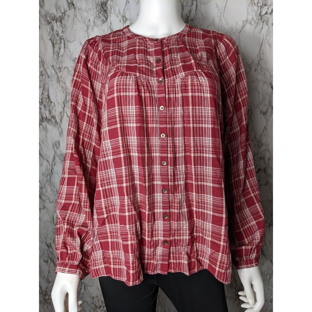 Madewell Women's M Medium Balloon Sleeve Peasant Top in Plaid Red Wine